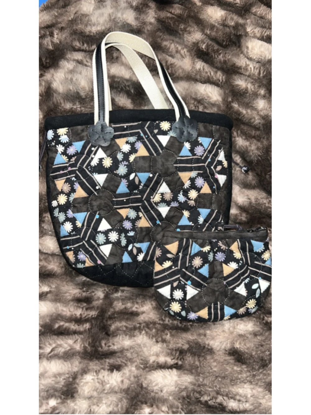 Women's Unbranded Quilted Floral Tote Bag Set, One Size, Black and Blue